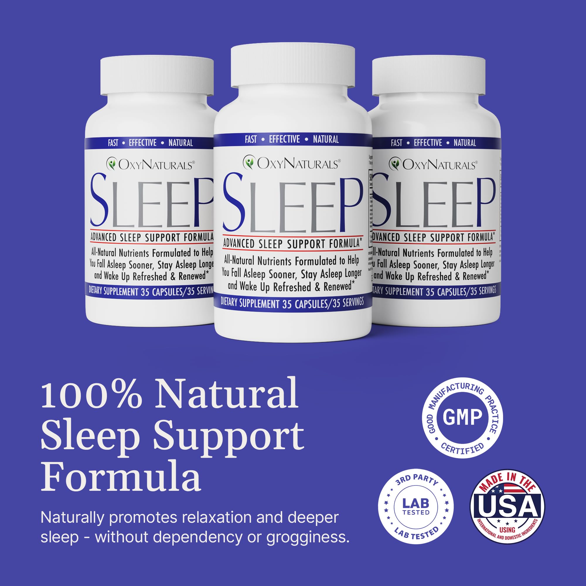 OxyNaturals Sommeil - étiquette montrant les ingrédients clés et l'absence d'allergènes.