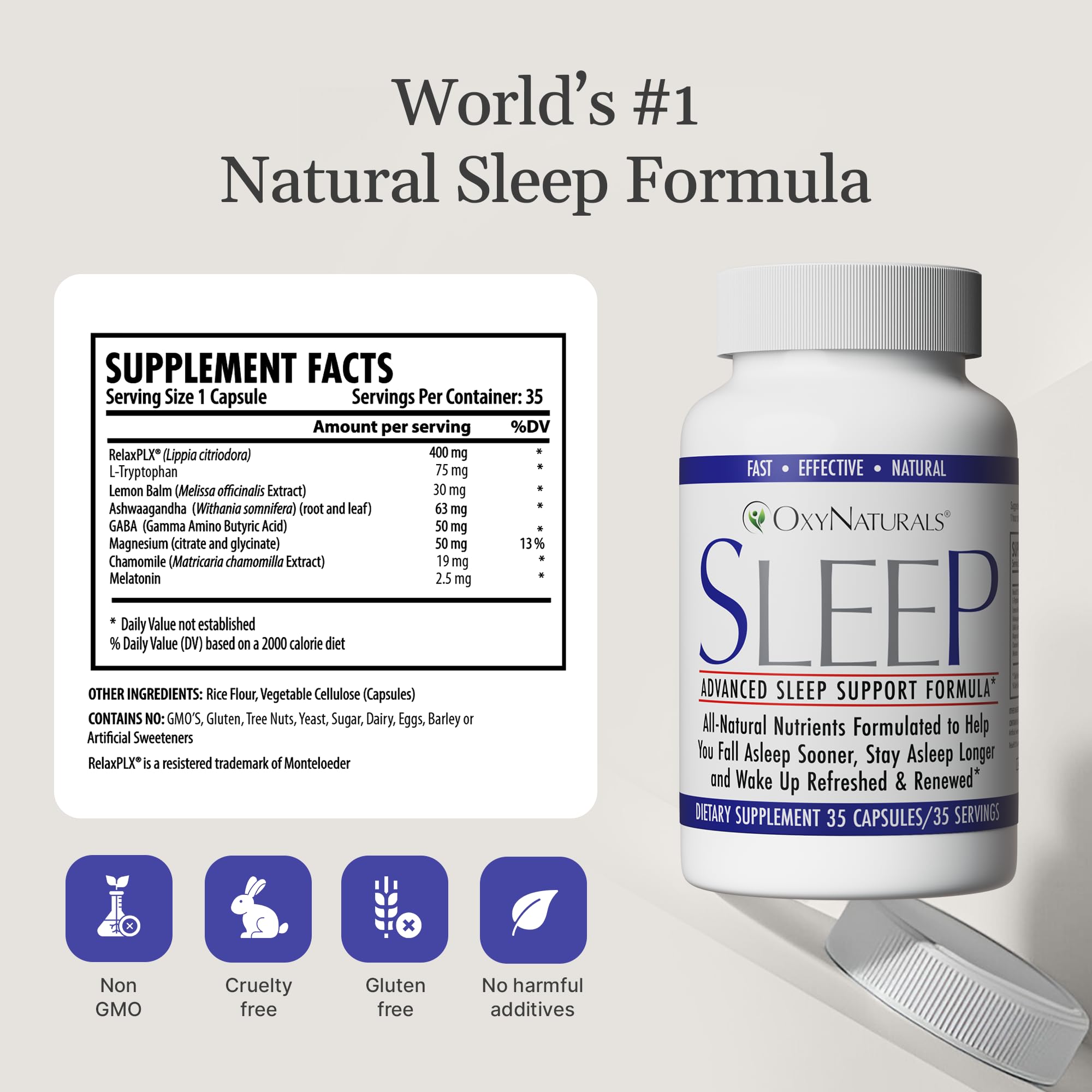 OxyNaturals Sommeil - liste d'ingrédients avec mélatonine et plantes relaxantes.
