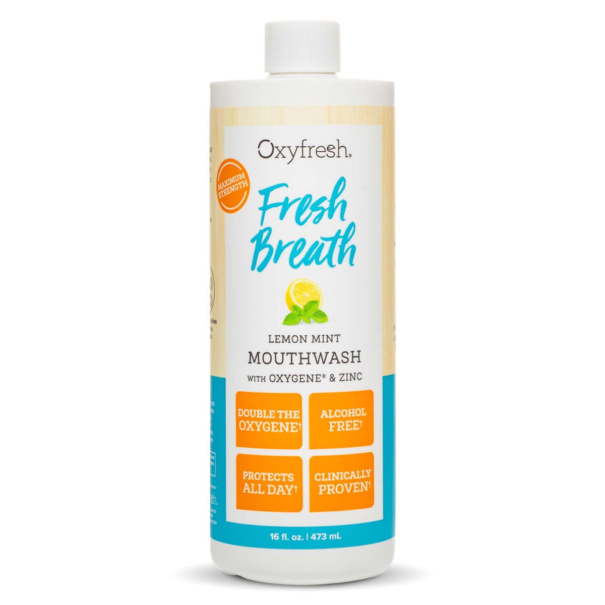 Bouteille Oxyfresh Bain de Bouche Citron Menthe pour haleine durable.