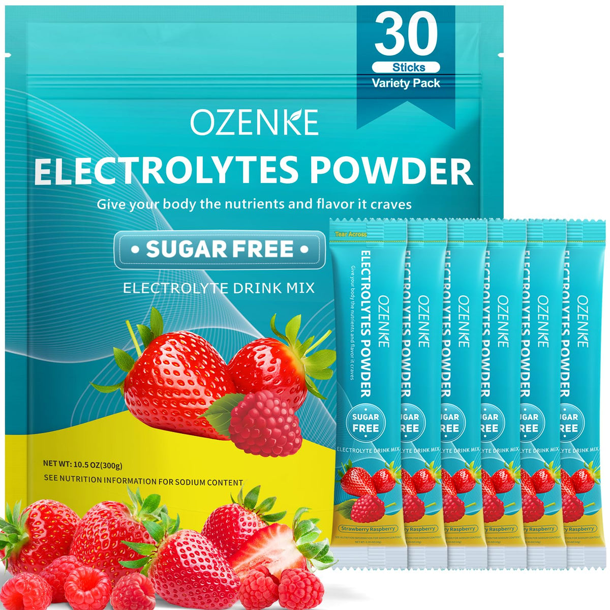 Sachets électrolytes OZENKE fraise-framboise pour hydratation rapide.