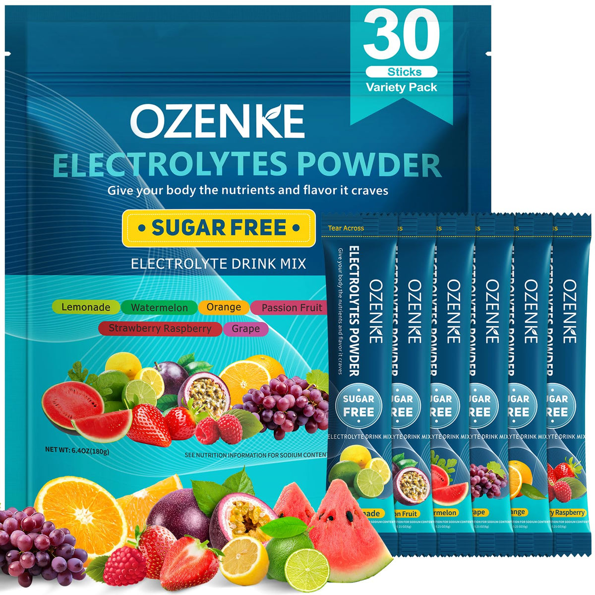 Boîte OZENKE, 30 sticks d'électrolytes prête à l'emploi pour hydrater rapidement.