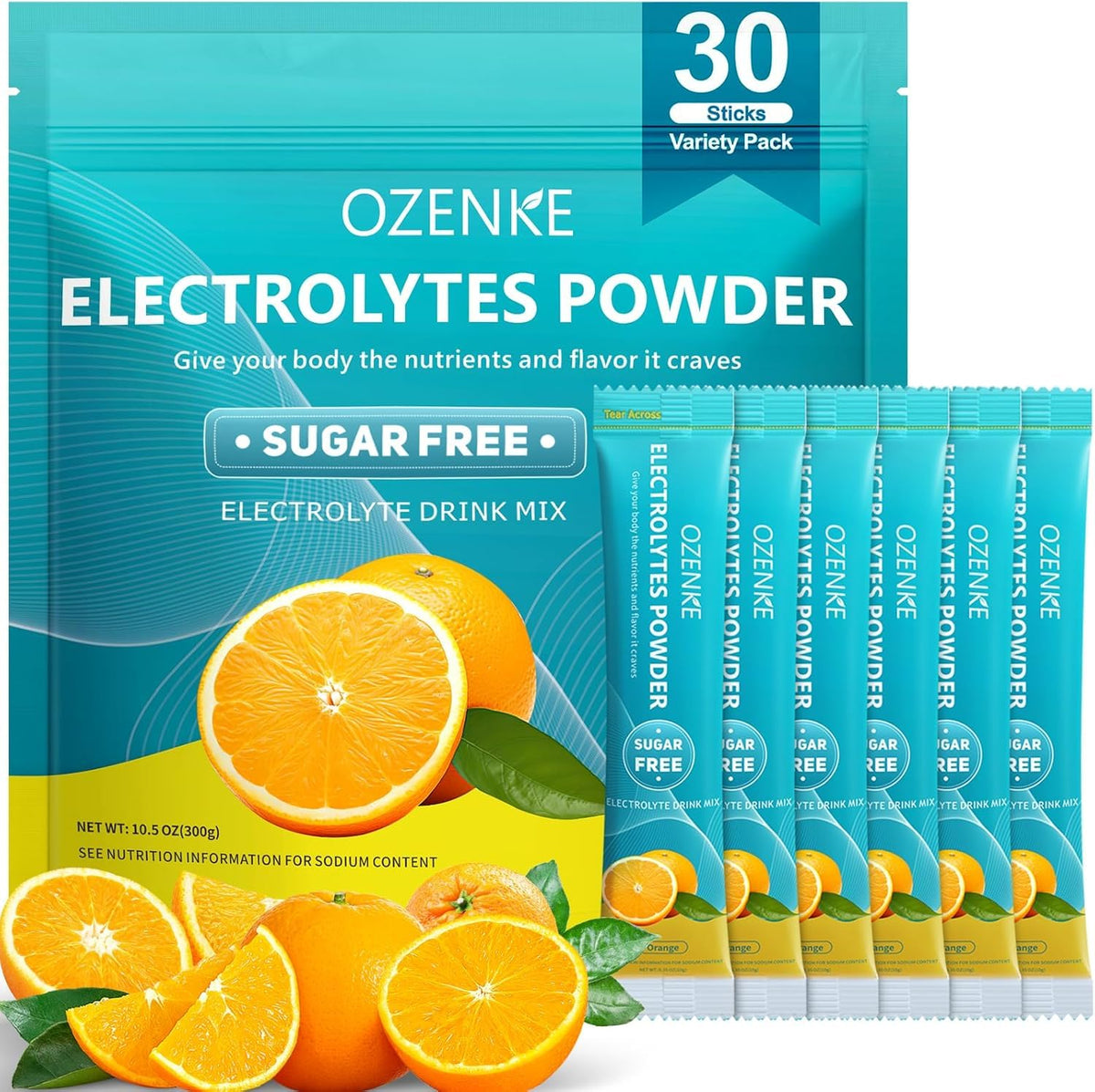 OZENKE Pochettes électrolytes orange pour hydratation rapide en déplacement.