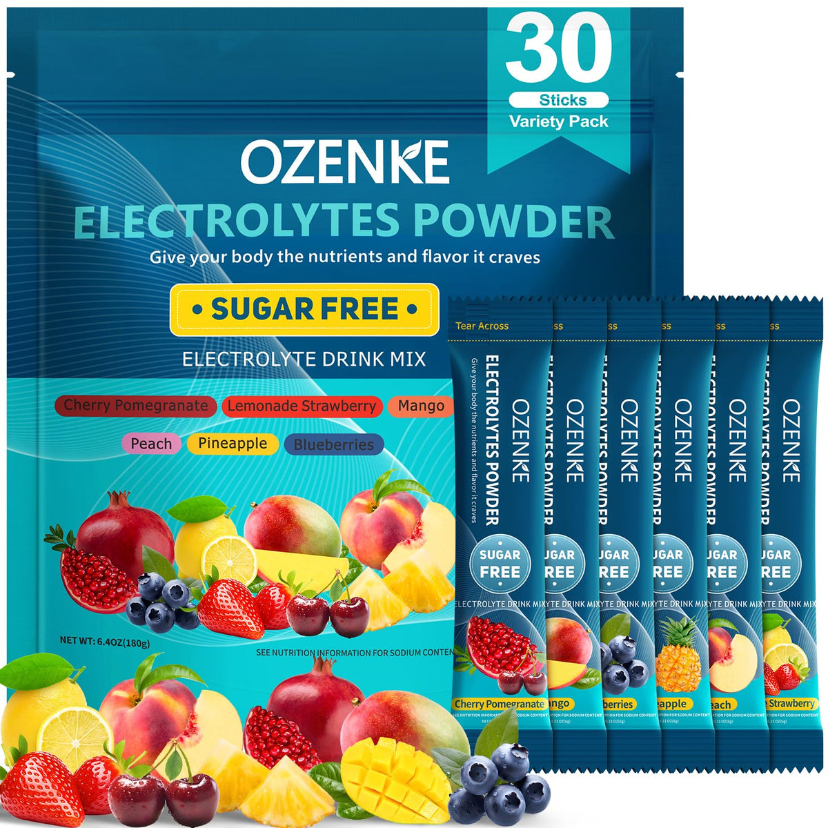 OZENKE sachets électrolytes saveurs fruits pour hydratation agréable.