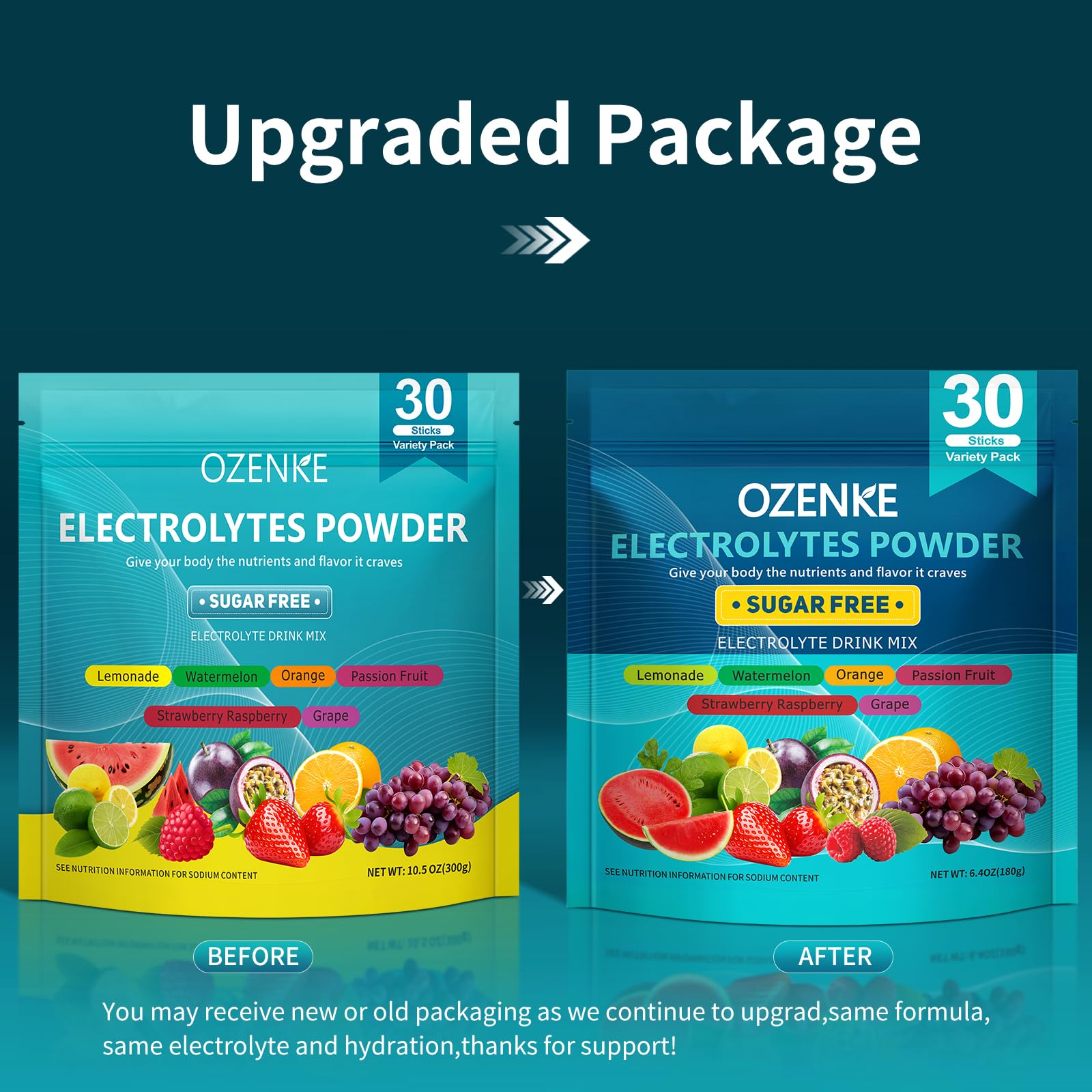 Sachets OZENKE ouverts montrant l'emballage portable et prêt à emporter.