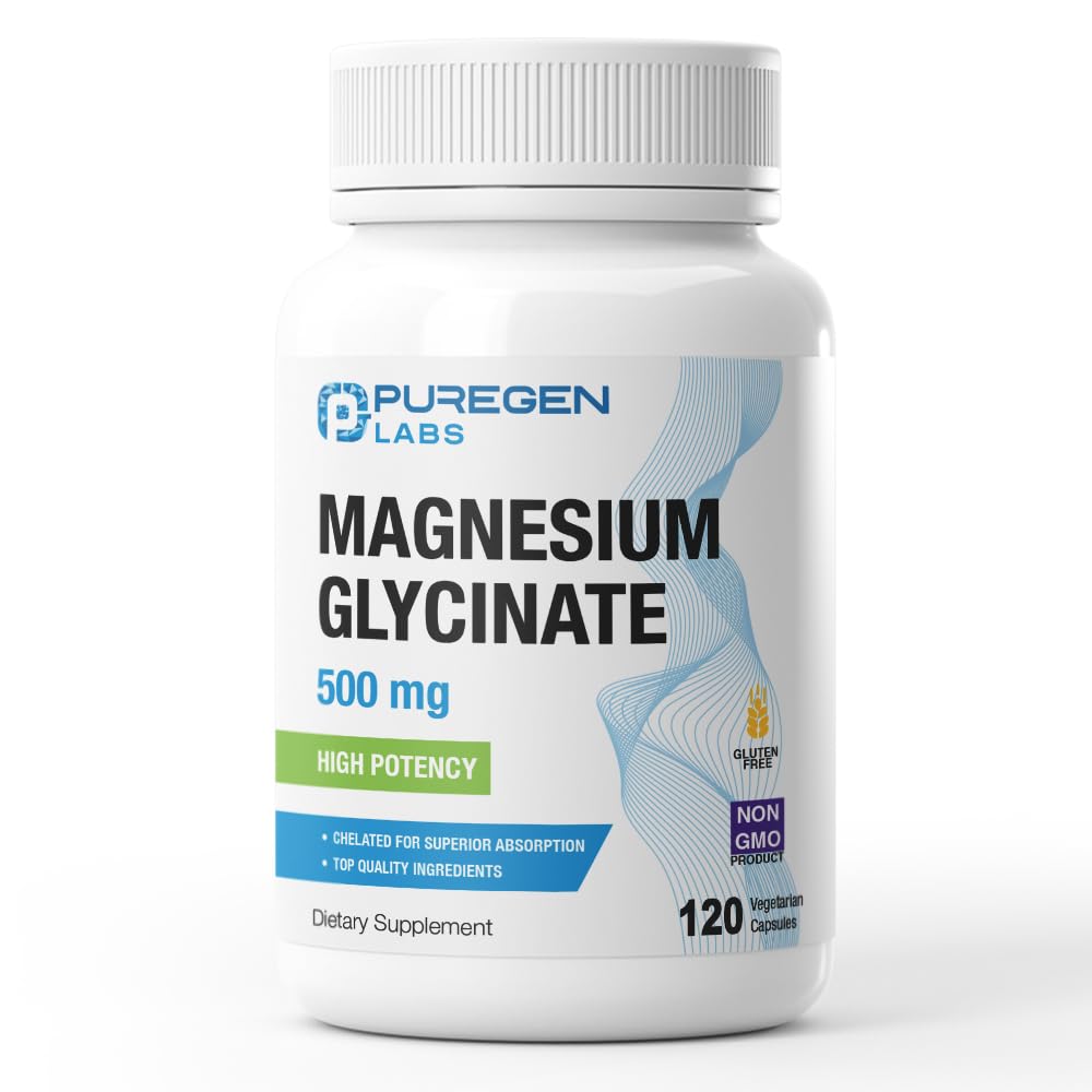 P Puregen Labs Magnesium Glycinate 500mg — bouteille élégante et absorption potentielle élevée.