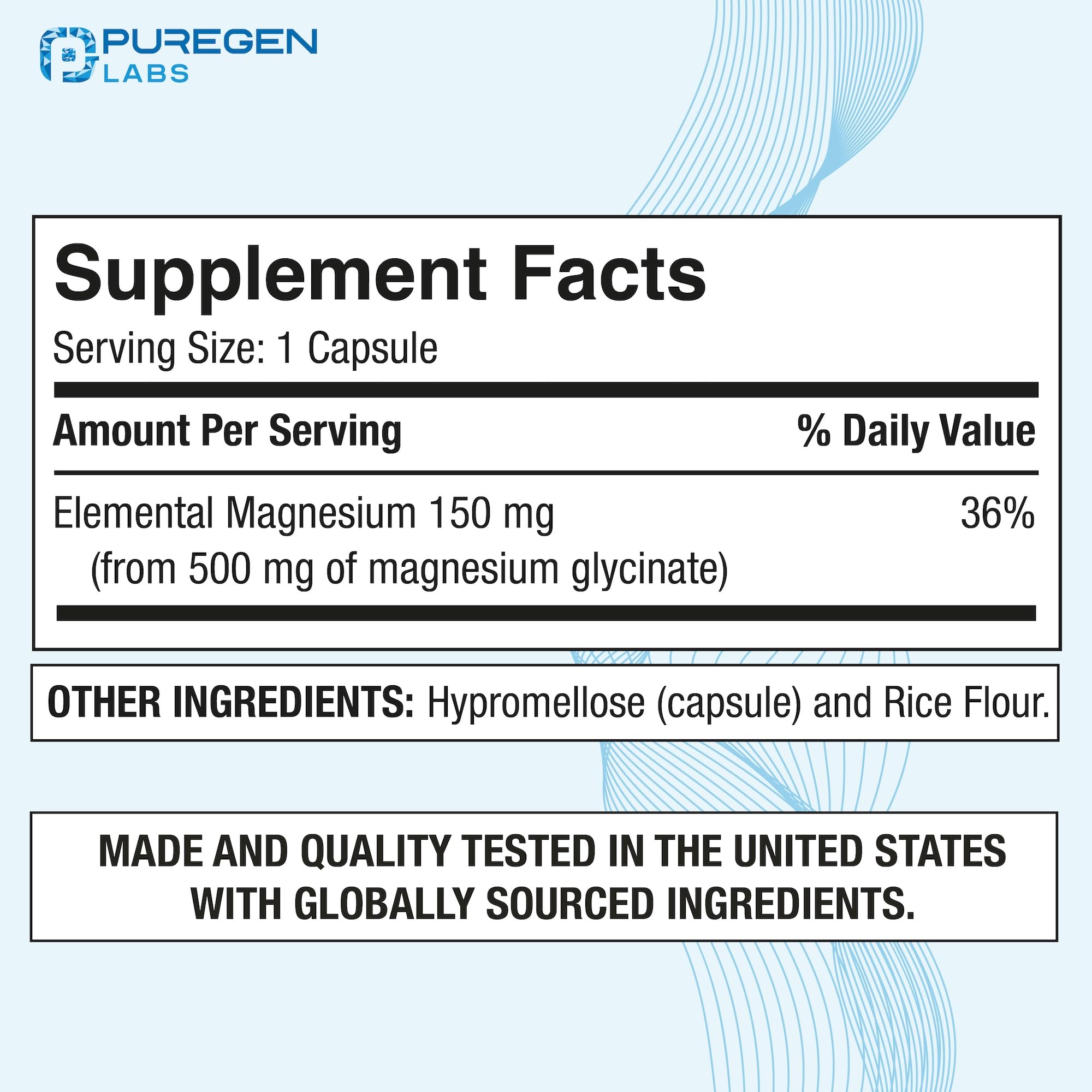 P Puregen Labs Magnesium Glycinate 500mg — capsules végétales faciles à avaler.