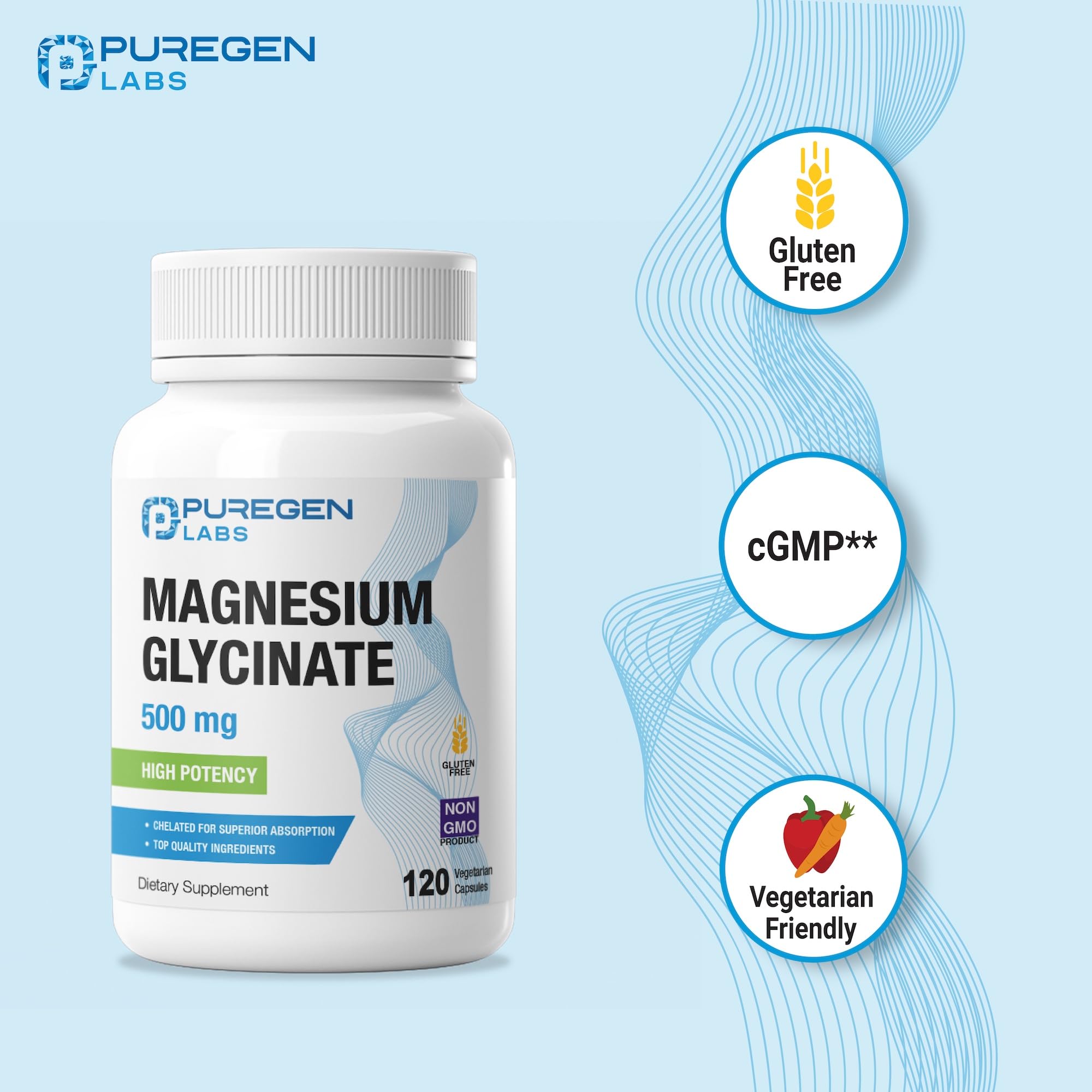 P Puregen Labs Magnesium Glycinate 500mg — idéal en soirée pour détente possible.