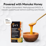 Texture fondante des pastilles P.R.I Manuka Propolis citron, douceur qui apaise les sensations de gorge.