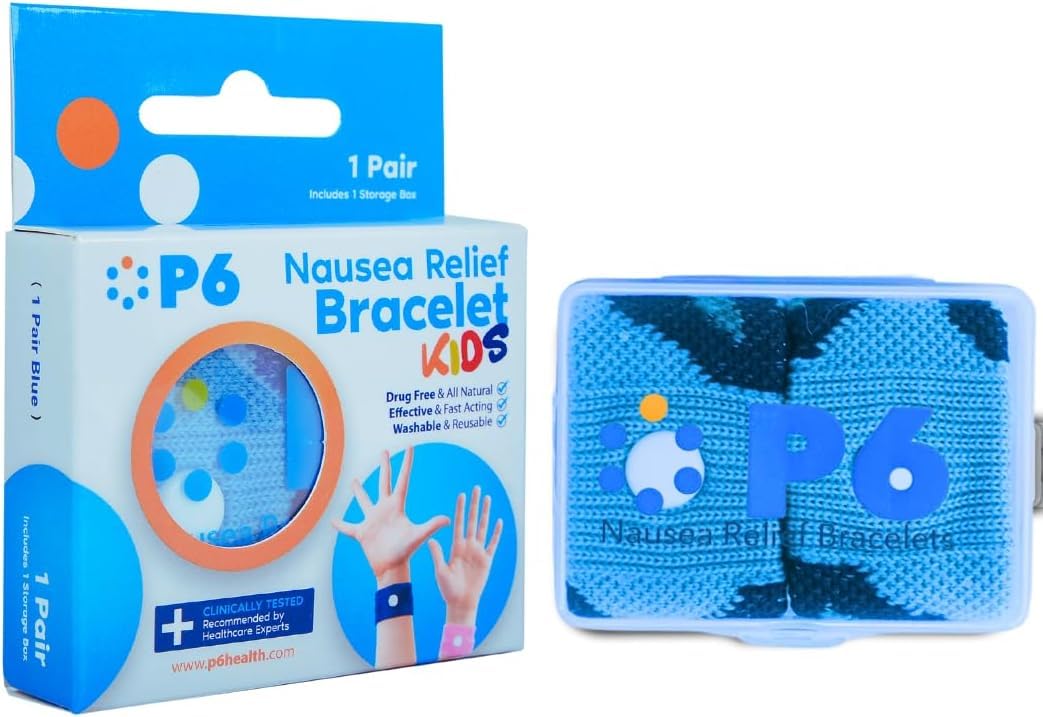 Bandes P6 anti-nausée pour enfant bleu, portées au poignet, utile lors des trajets.