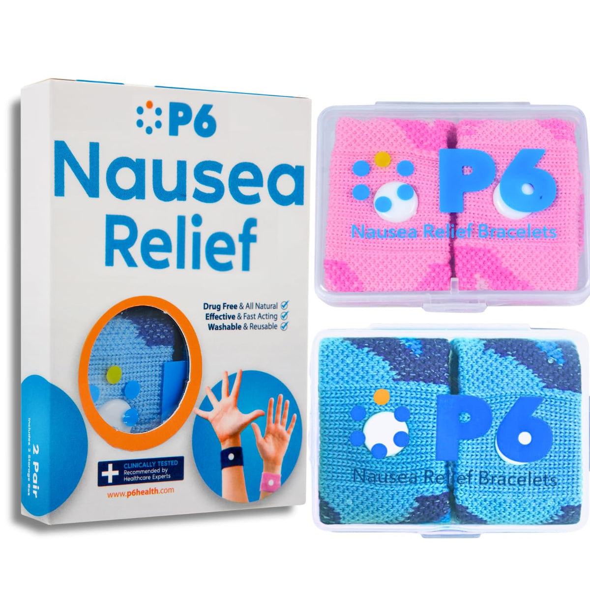 P6 Bandes anti-nausee avec etui de voyage, pratique en déplacement.