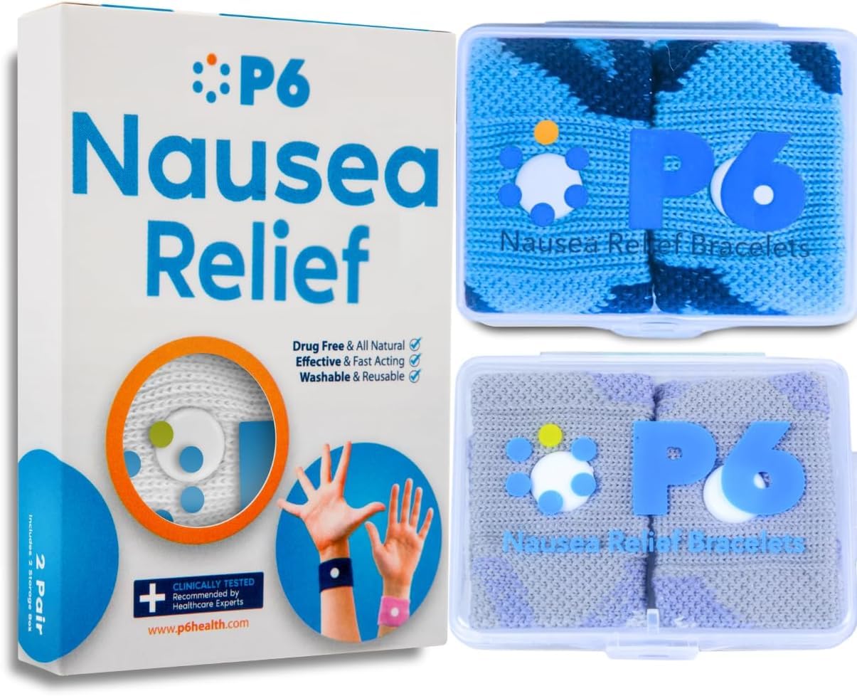 Bandes P6 au poignet utilisées pour prévenir les nausées lors des trajets.