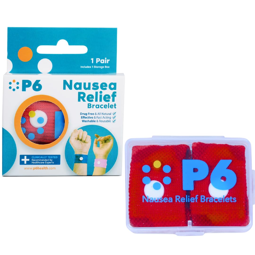 P6 Health Bandes-poignet-rouge vue face, pratique pour soulager les nausées lors des trajets.