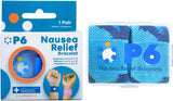 Bracelet P6 Health anti-nausée bleu porté au poignet pour le confort en voyage.
