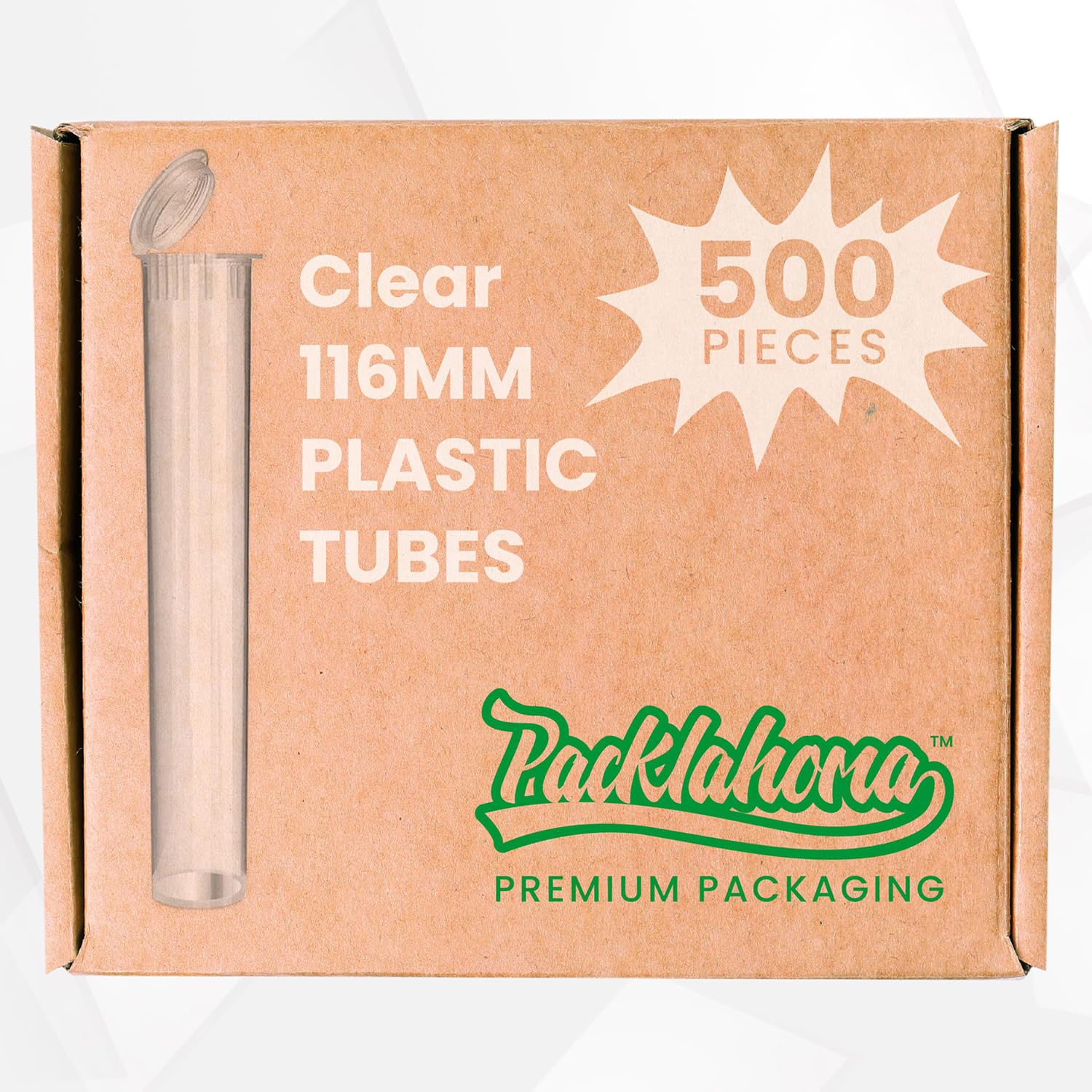 Packlahoma tubes transparents 116 mm avec bouchon pop-top, pour une identification rapide et une conservation sans humidité.