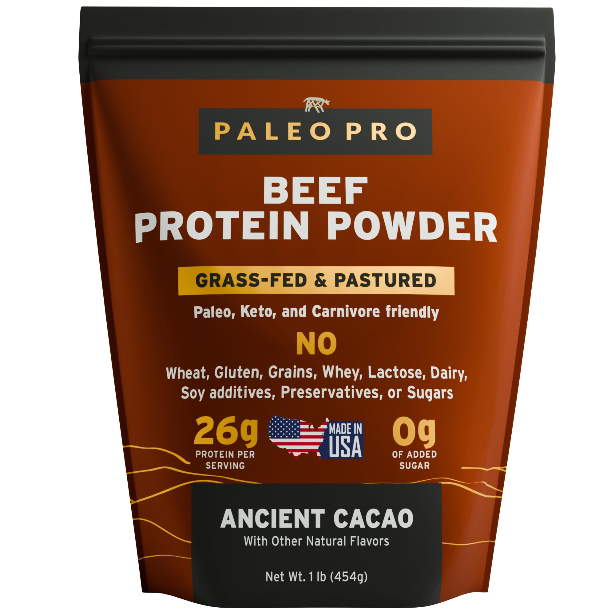 Paleo Pro protéine boeuf poudre cacao, goût cacao riche, après-entraînement.