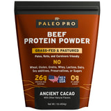 Paleo Pro protéine boeuf poudre cacao, goût cacao riche, après-entraînement.
