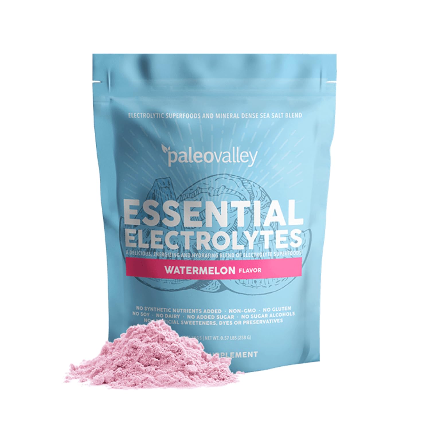 Paleovalley Électrolytes Mélon – poudre prête à dissoudre, hydratation rapide.