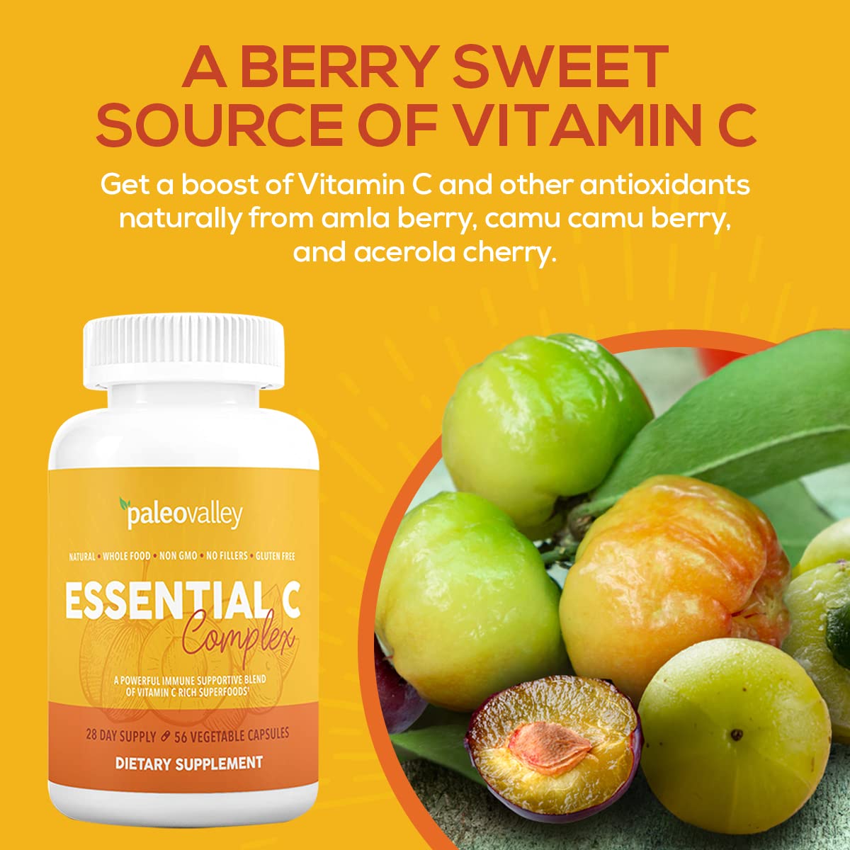 Acerola dans Paleovalley Essential C Complex – source naturelle de vitamine C.