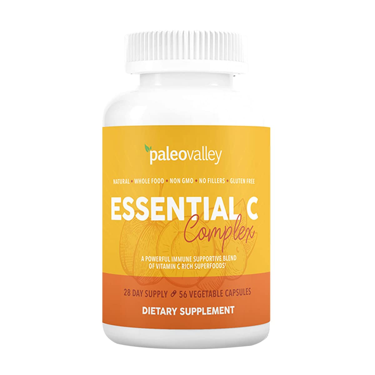 Paleovalley Essential C Complex – bouteille montrant l'étiquette, soutien immunitaire naturel.