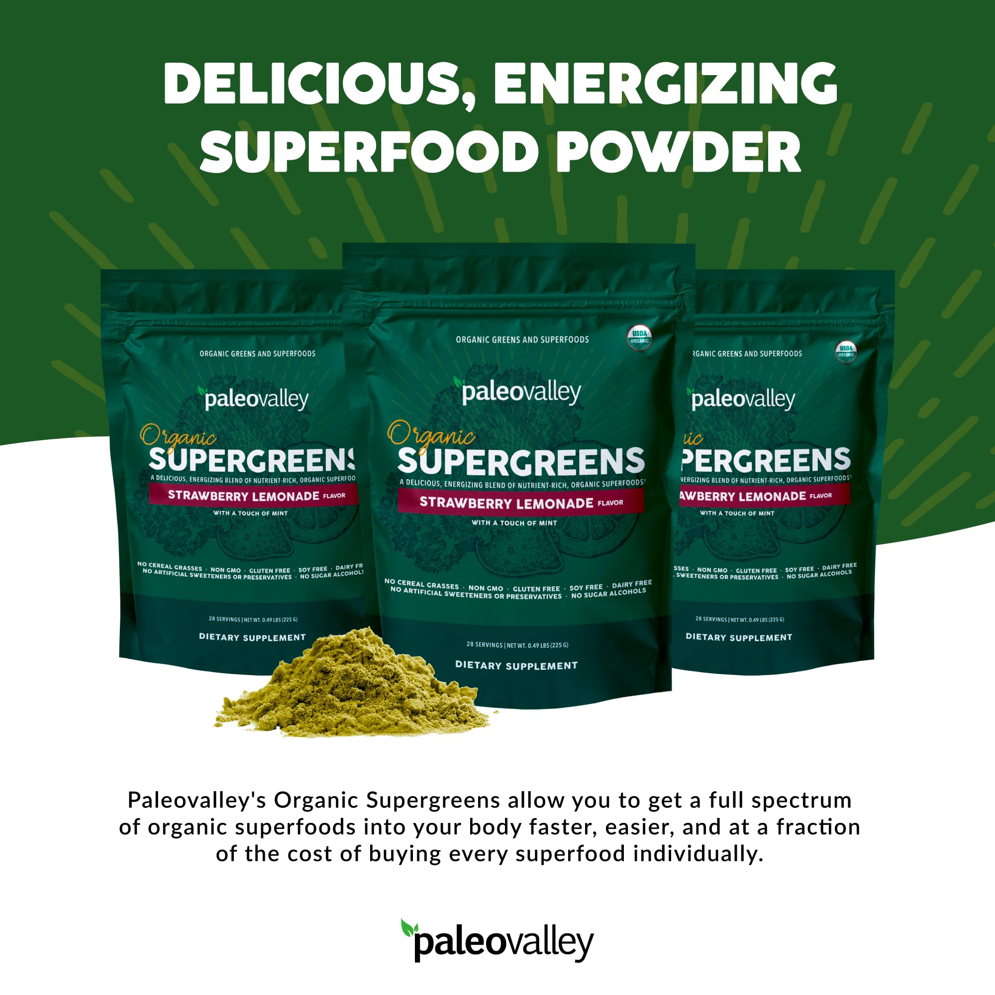 Paleovalley Organic Supergreens – verre prêt à boire, goût frais.