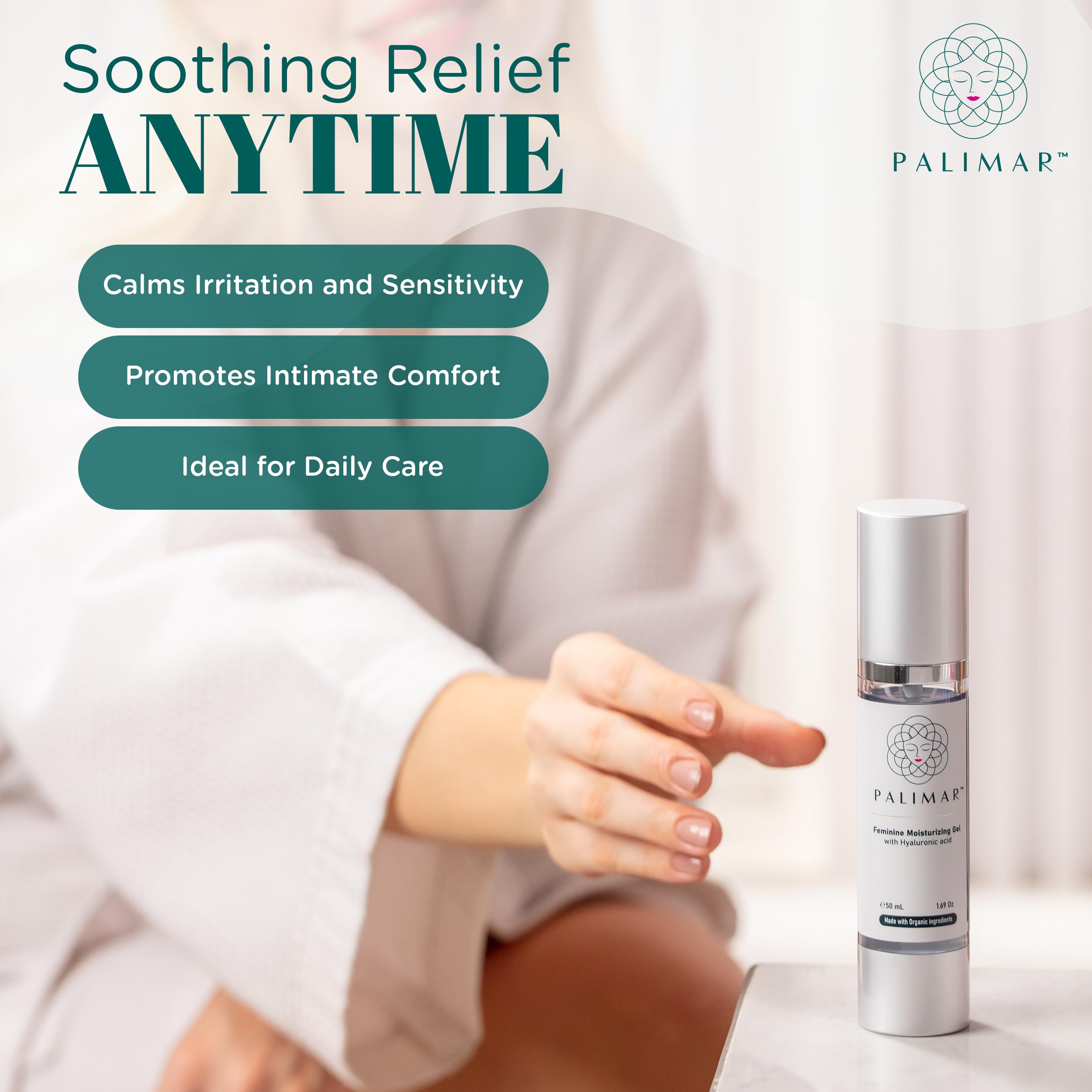 Texture soyeuse PALIMAR gel intime apaise irritations et tiraillements.