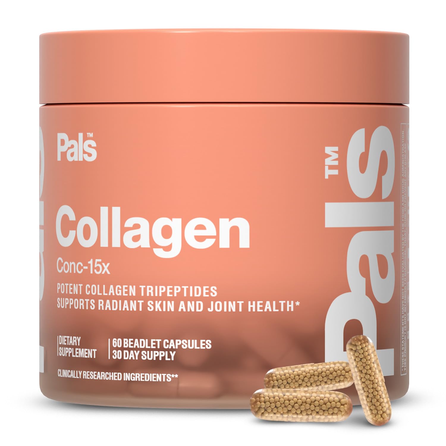 PALS collagène marin en bouteille avec gélules pour peau hydratée et éclat.