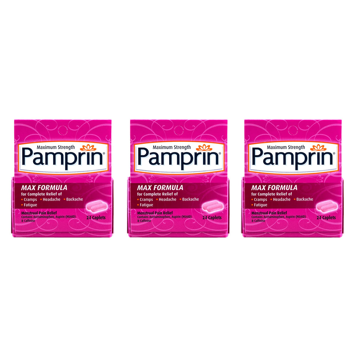 Pamprin Formule Force Maximale – emballage frontal, soulagement potentiel des douleurs menstruelles.