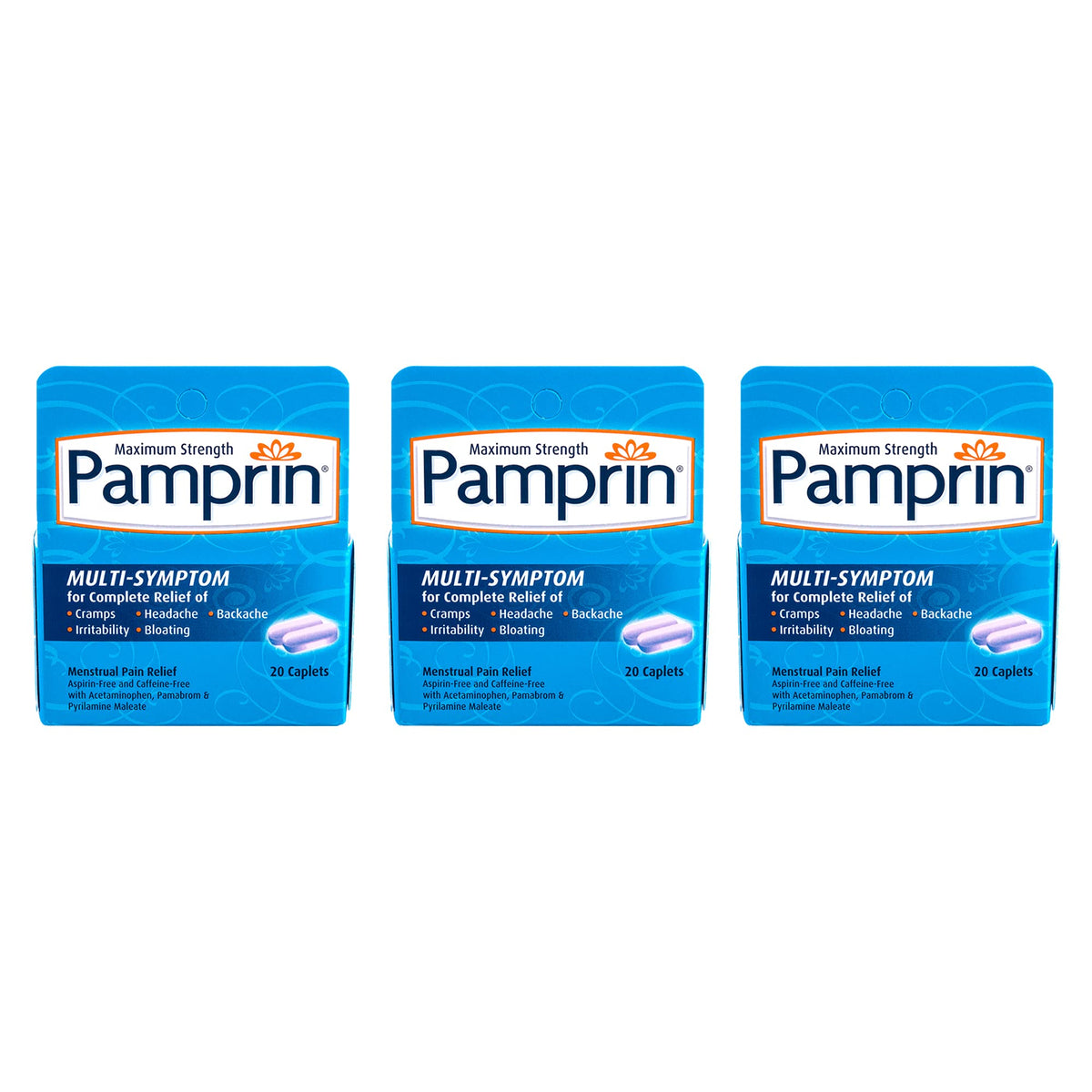 Pamprin Formule Multi-Symptômes – emballage et bouteille prête à l'emploi pour le confort pendant les règles.