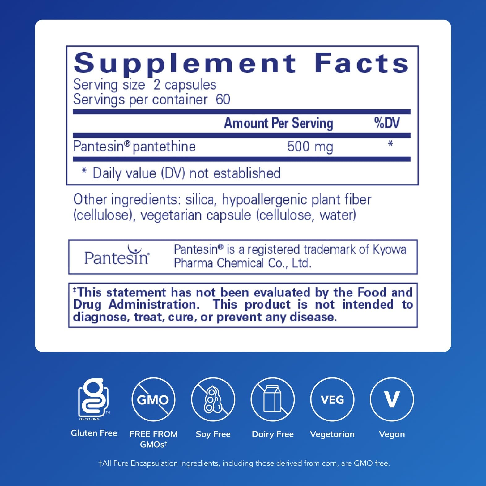 Pantethine Pure Encapsulations — capsules, format hypoallergénique adaptée à une routine équilibrée.