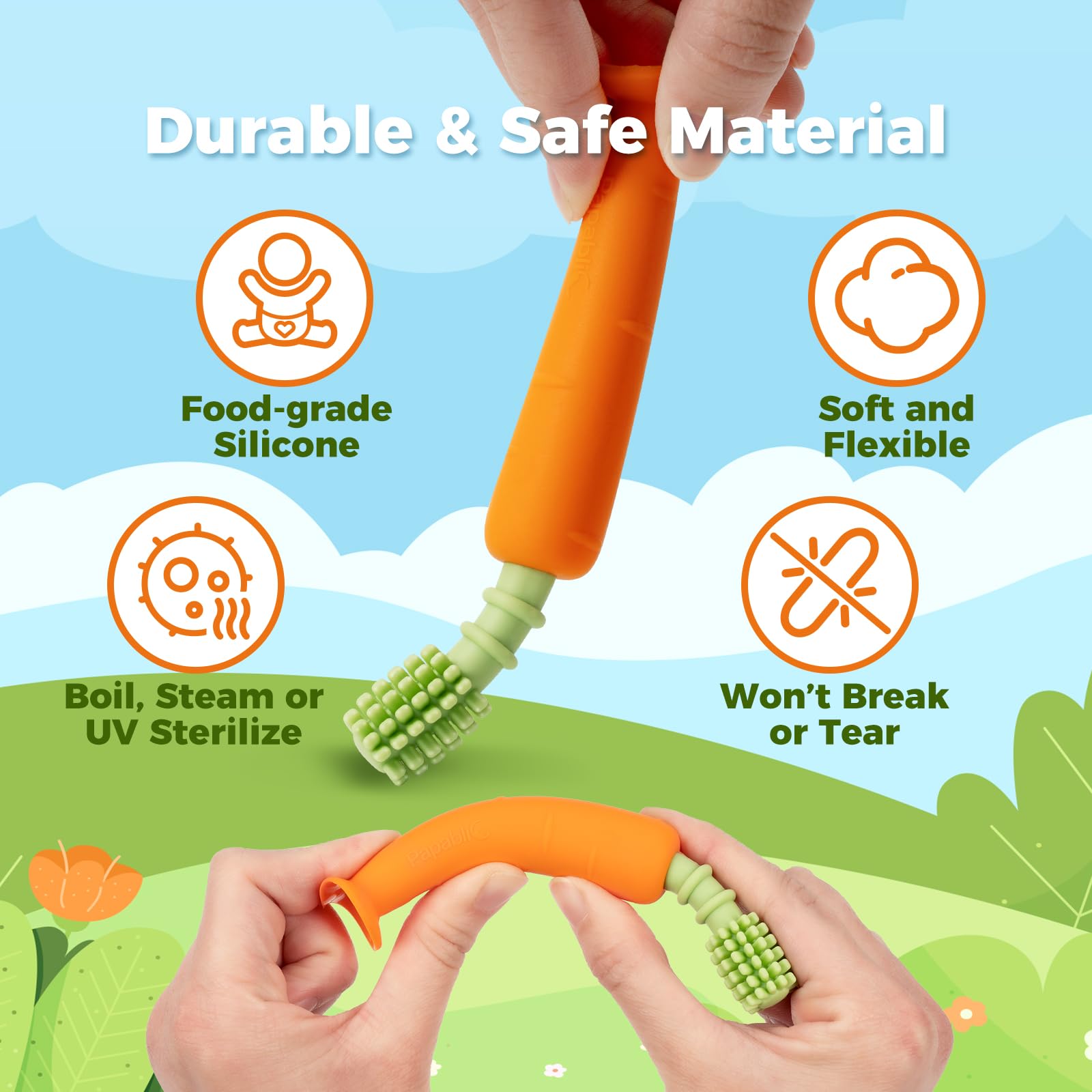 Bébé en main avec Papablic brosse-dent Carotte, facile à attraper.