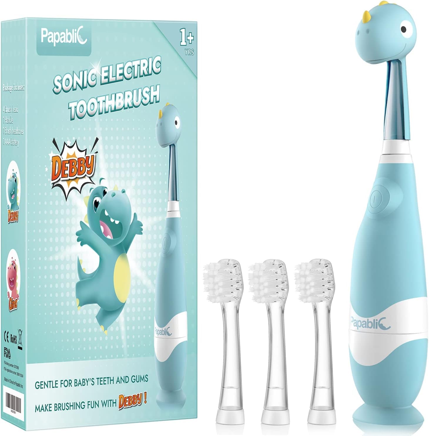 Papablic Debby avec couvercle dinosaure, brossage ludique pour tout-petits.