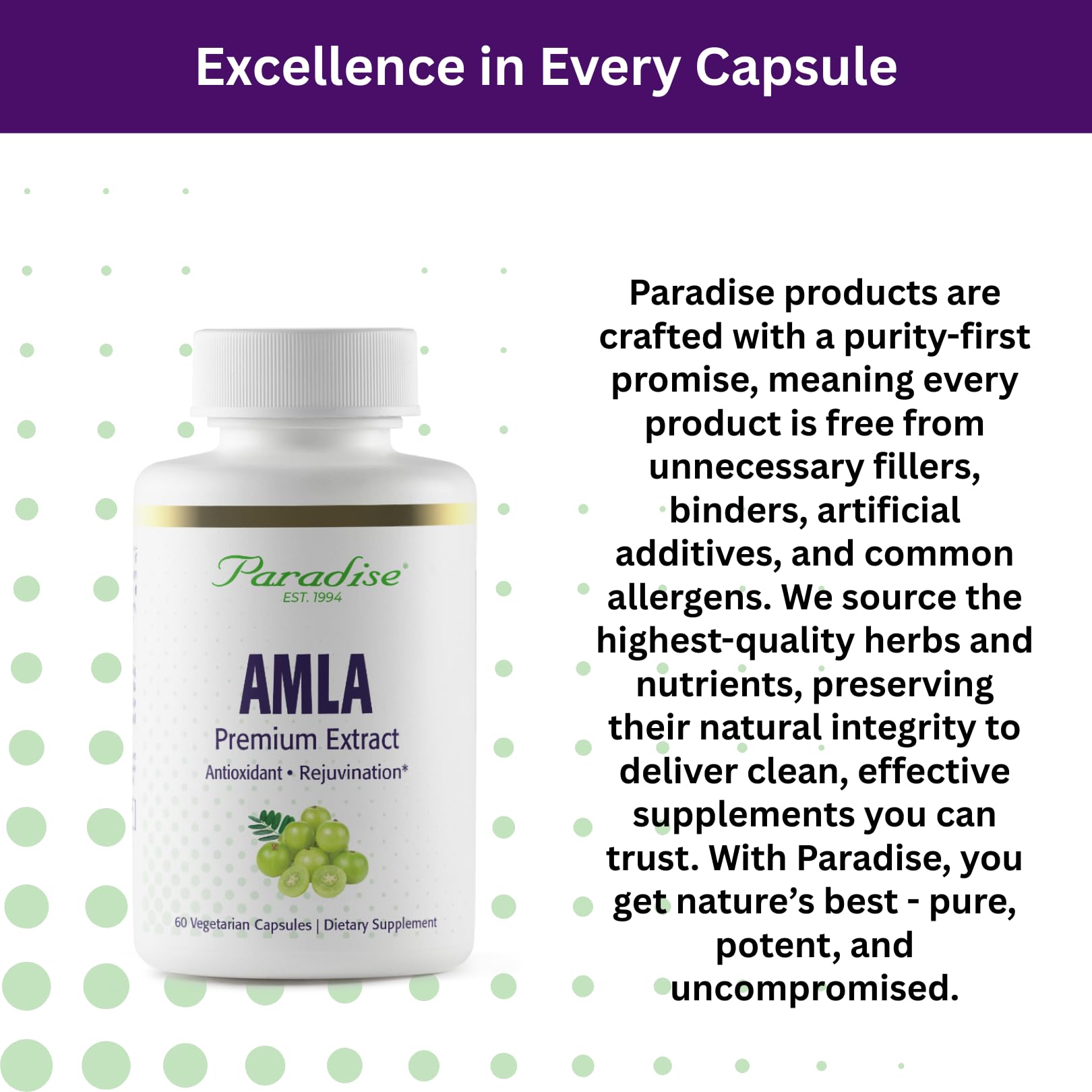 Paradise Herbs Amla – Mode d’emploi et présentation claire sur la boîte.
