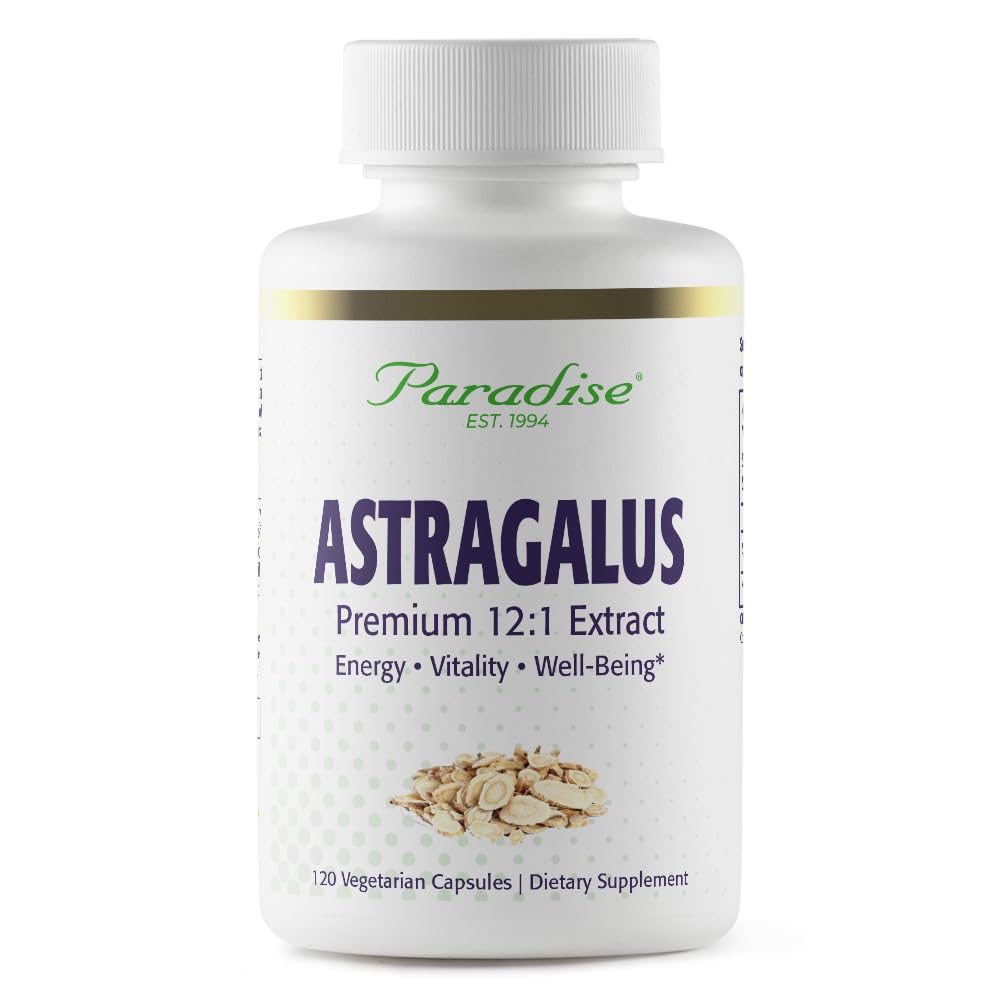 Paradise Herbs Astragalus Extrait, bouteille et capsules végétales, soutien énergétique potentiel.