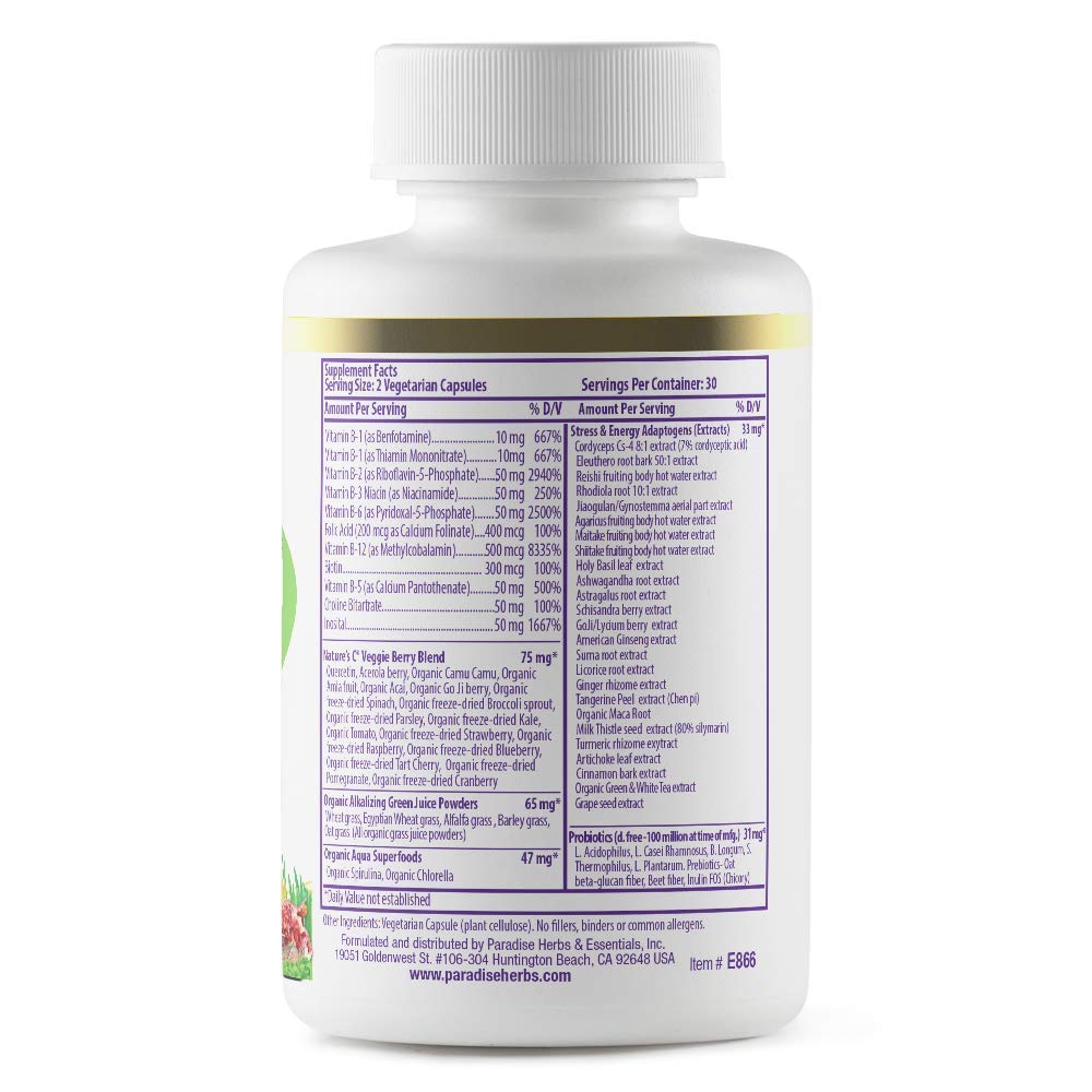 Étiquette Paradise Herbs B-Complex clairement affichée pour dosage fiable