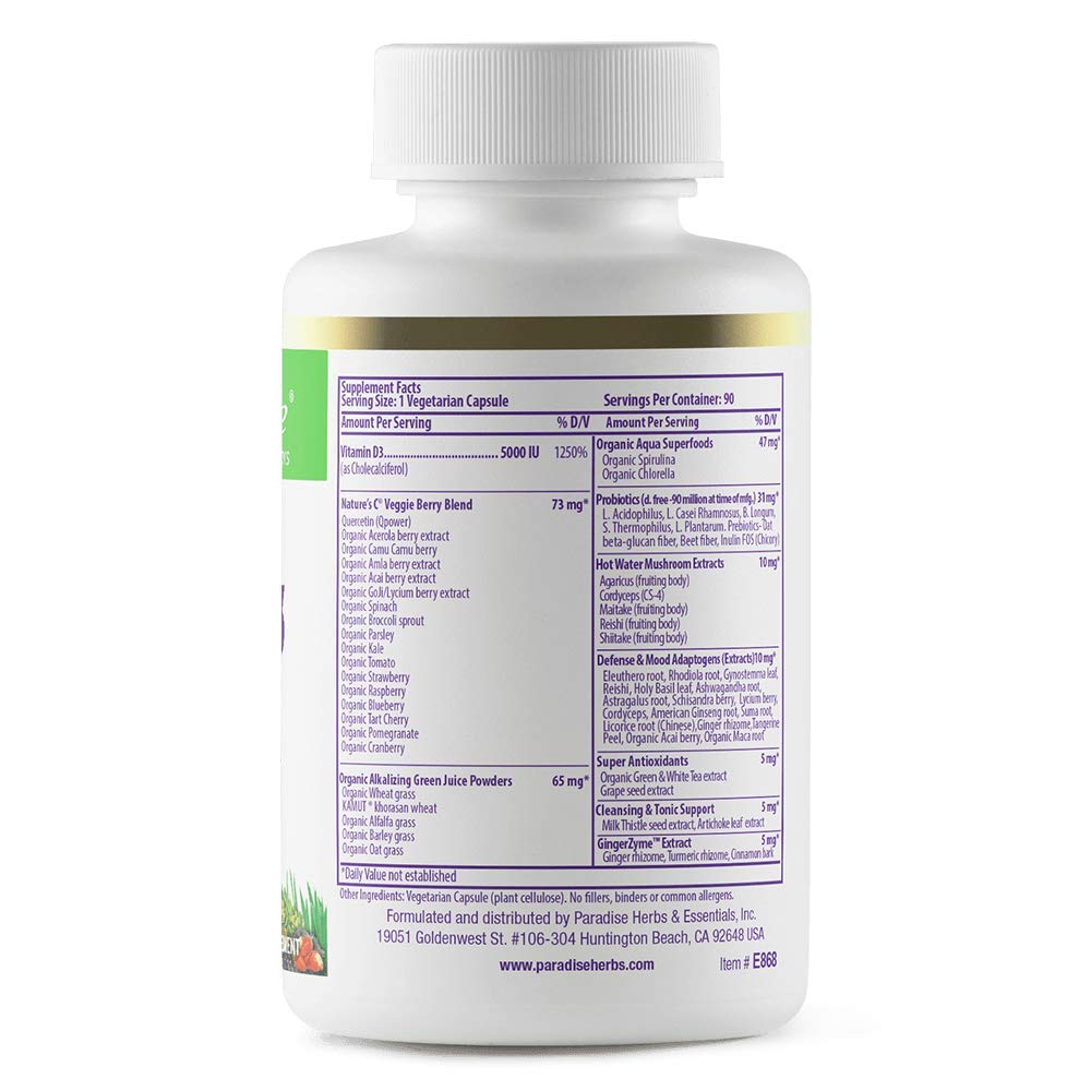 Capsules végétariennes Paradise Herbs Earth's Blend, format pratique pour une routine quotidienne.
