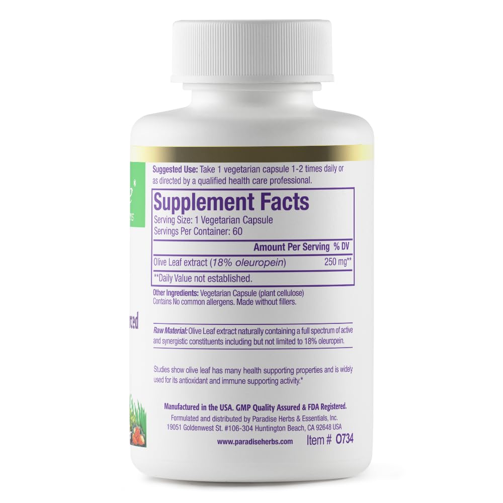 Paradise Herbs Olive Leaf Extract – etiquette sur flacon, idéal pour routine immunitaire naturelle.