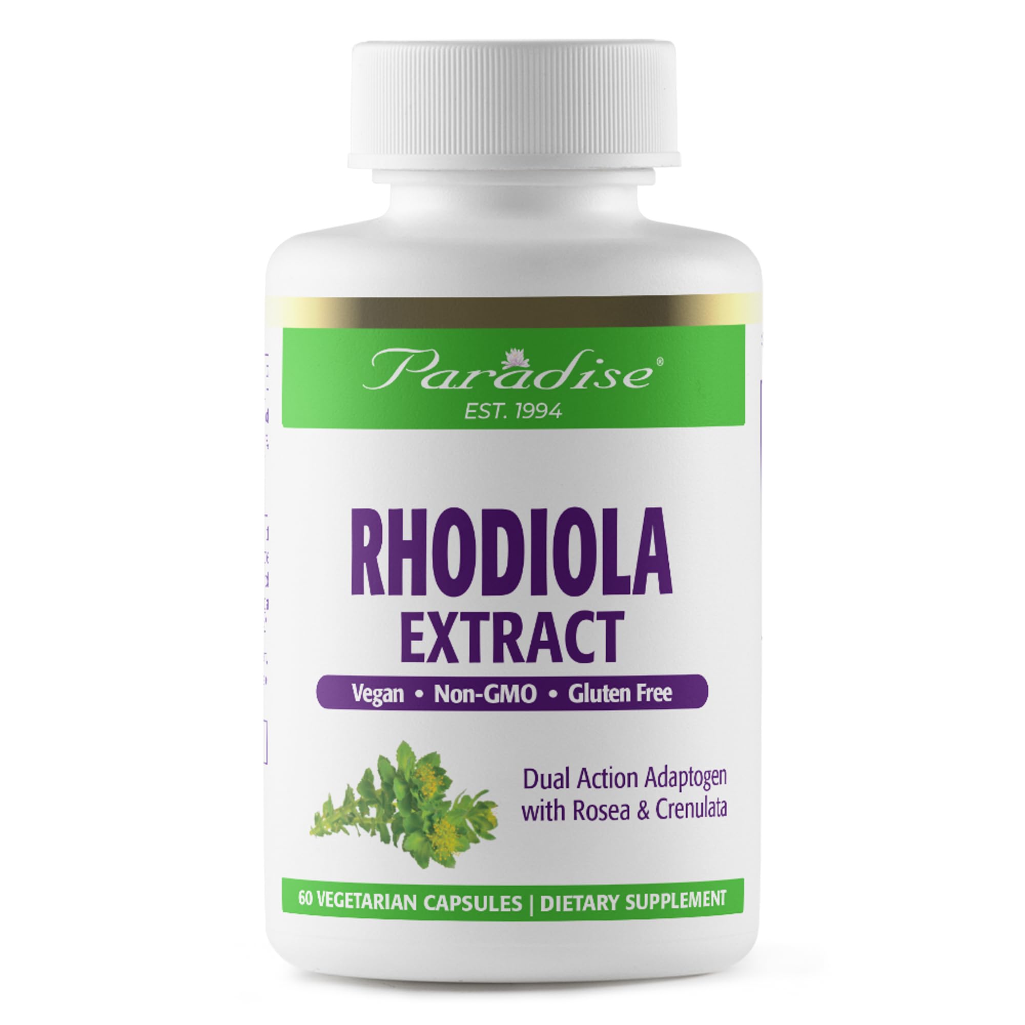 Flacon Paradise Herbs Rhodiola Extrait 500 mg, soutien quotidien naturel.