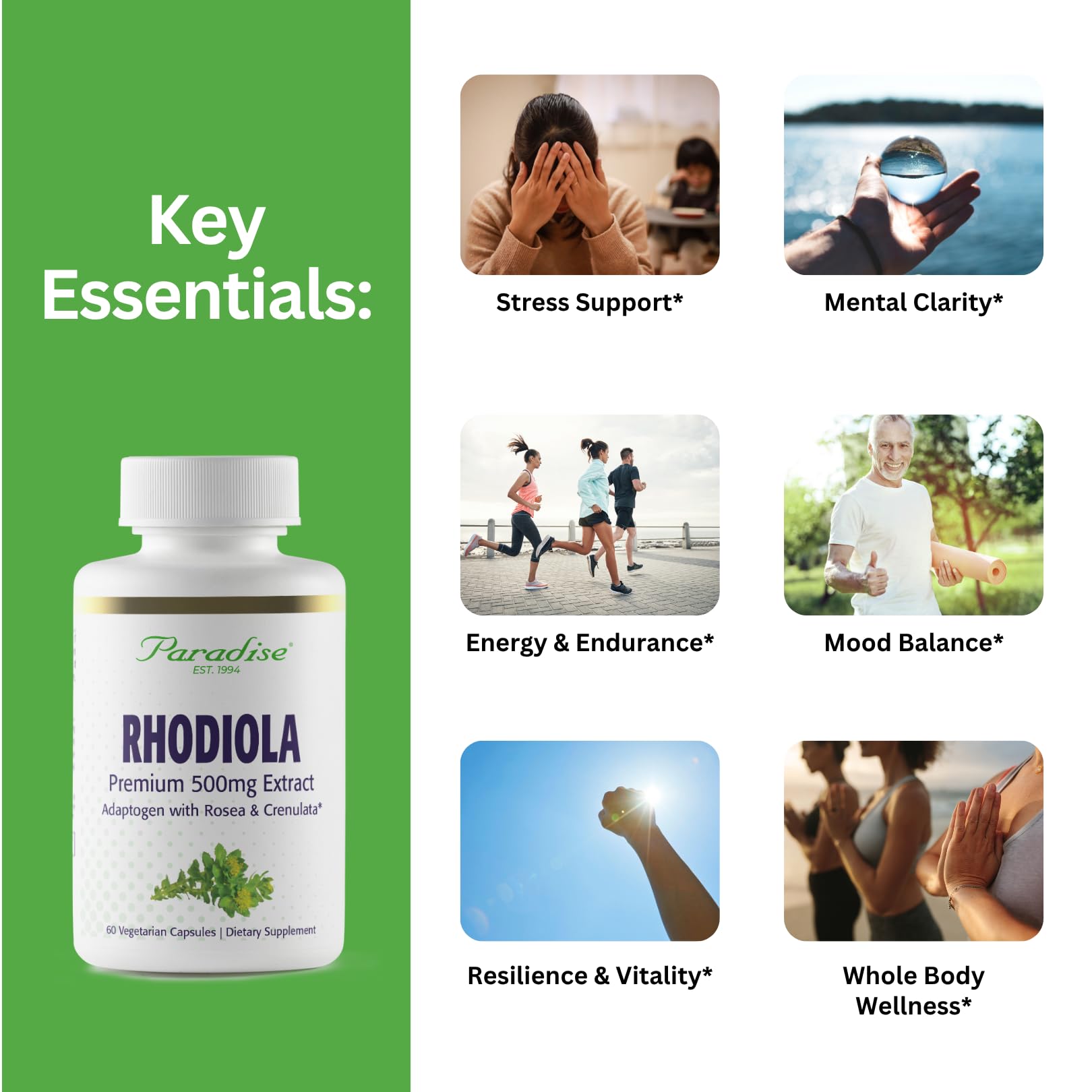 Gélules végétariennes Paradise Herbs Rhodiola Extrait, pratique et facile à intégrer.