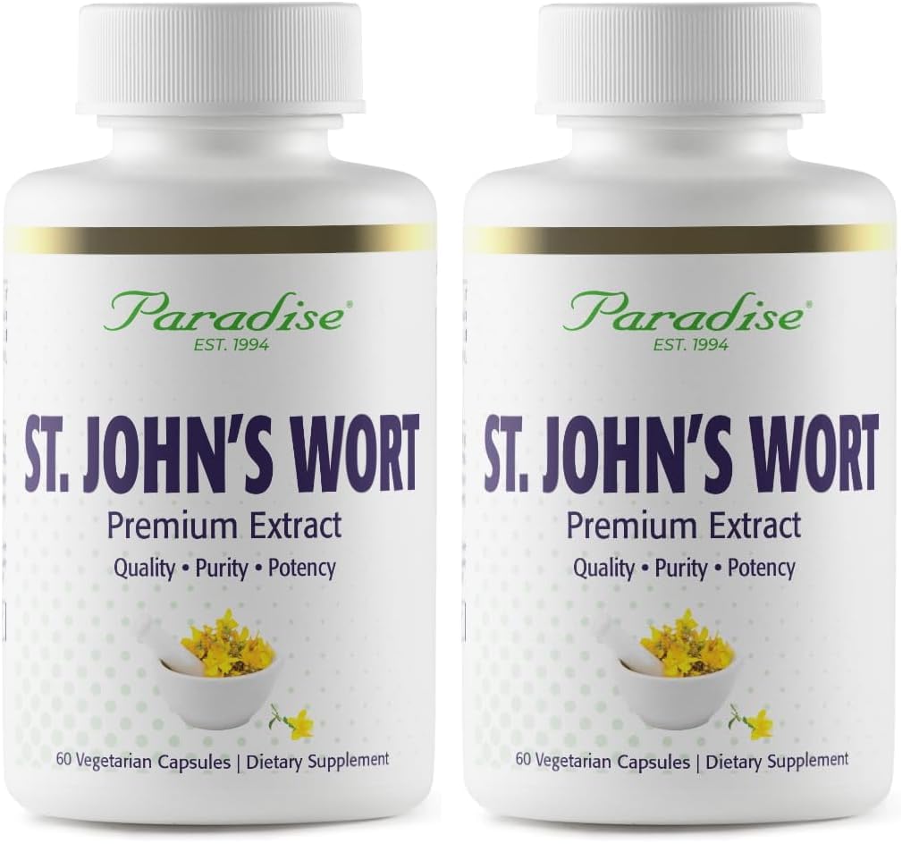 Paradise Herbs Millepertuis extrait en bouteille, capsules végétariennes pour routine quotidienne.