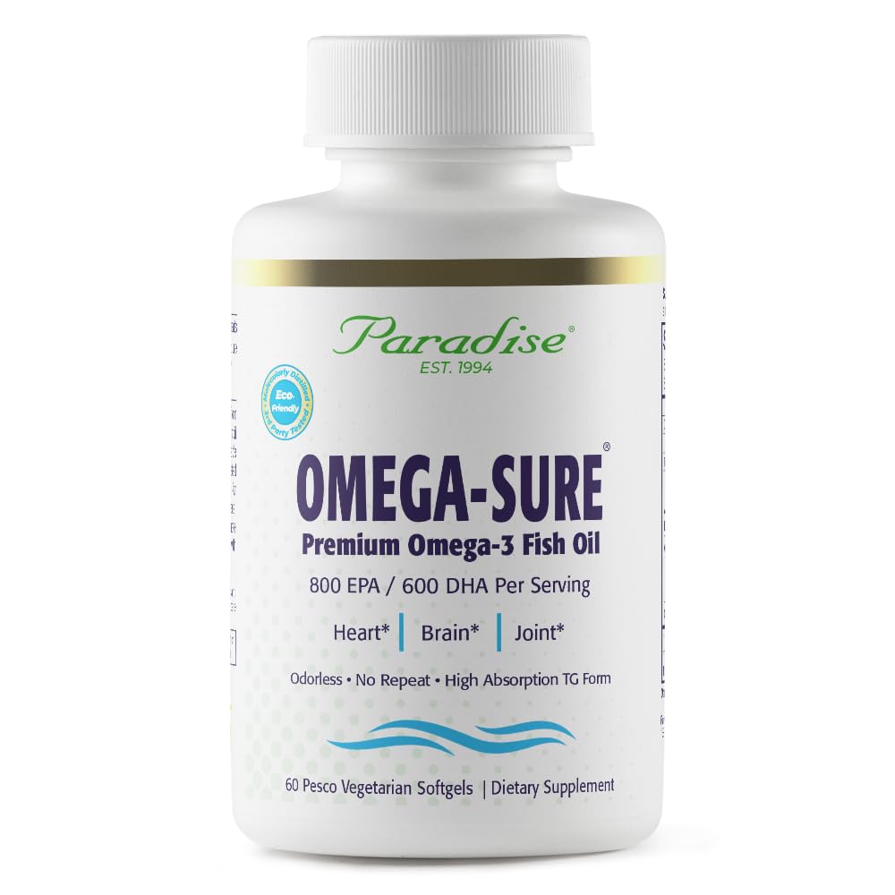 Paradis Herbs Omega-Sure: bouteille de gélules végétariennes pour le bien-être quotidien.
