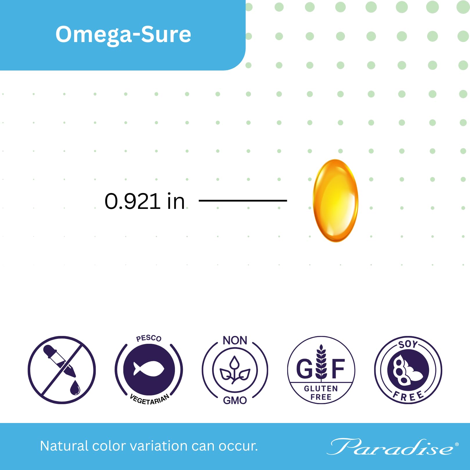 Étiquette Omega-Sure montrant pureté et origine.