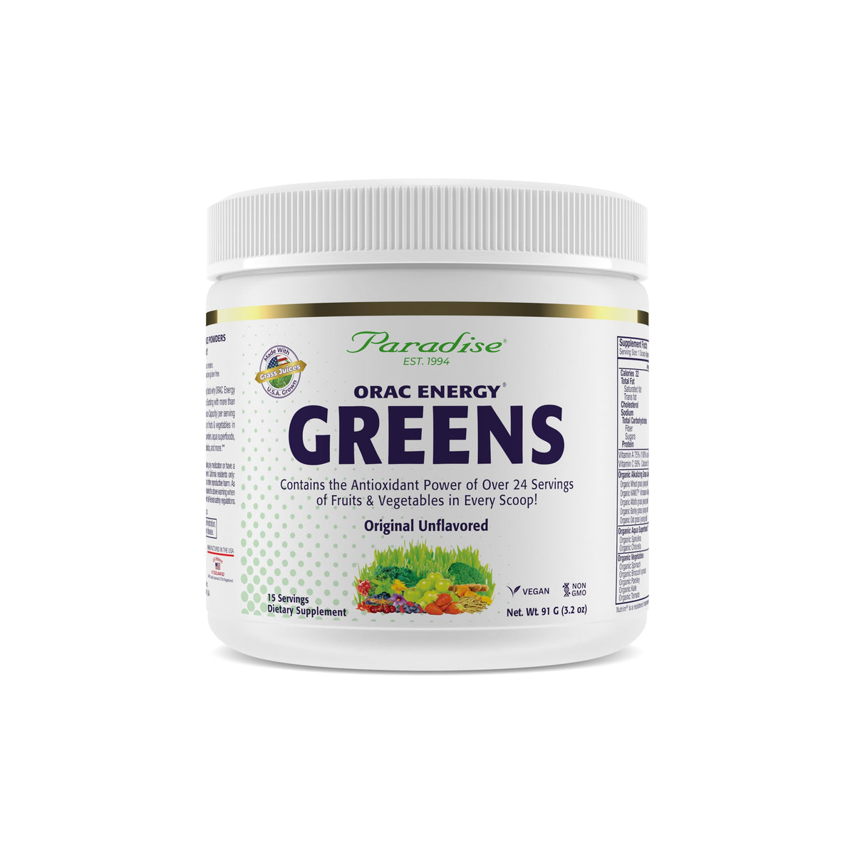 Bouteille Paradise Herbs ORAC Energy Greens prête pour une routine antioxydante.
