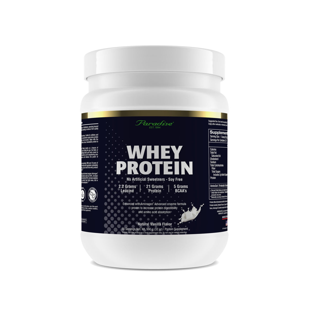 Paradise Herbs Protéine de lactosérum Vanille : flacon montrant la protéine pour la récupération musculaire après l'entraînement.