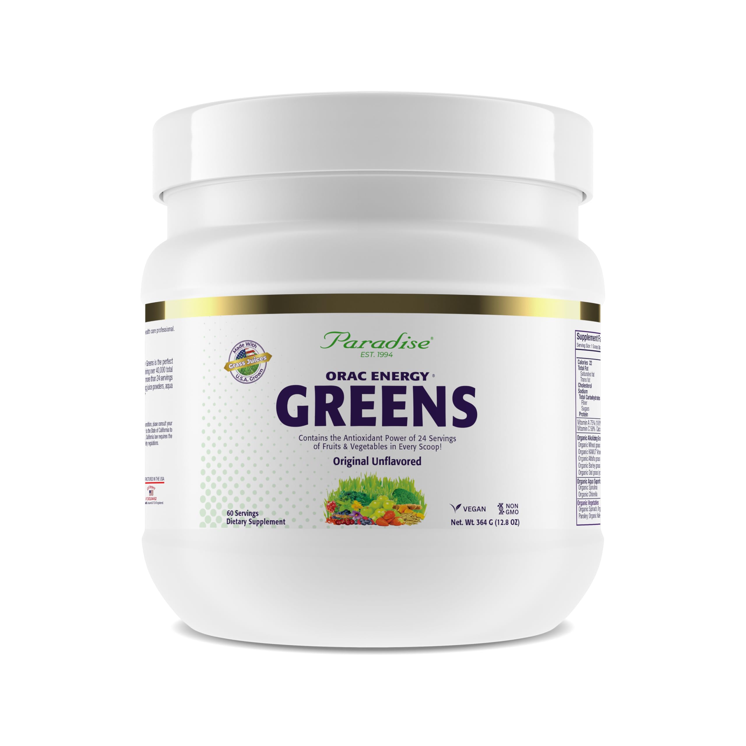 Paradise ORAC Energy Greens - poudre fine riche en antioxydants pour énergie quotidienne.