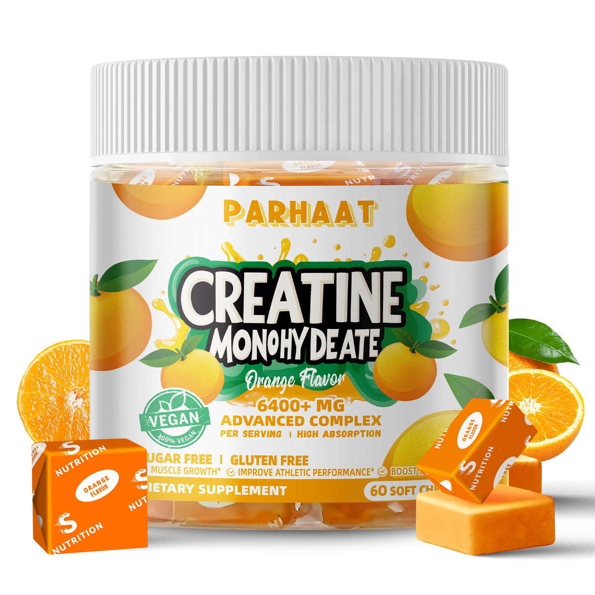 Parhaat Creatine Monohydrate Chews dans la boîte orange prête à l’emploi pour l’entraînement.