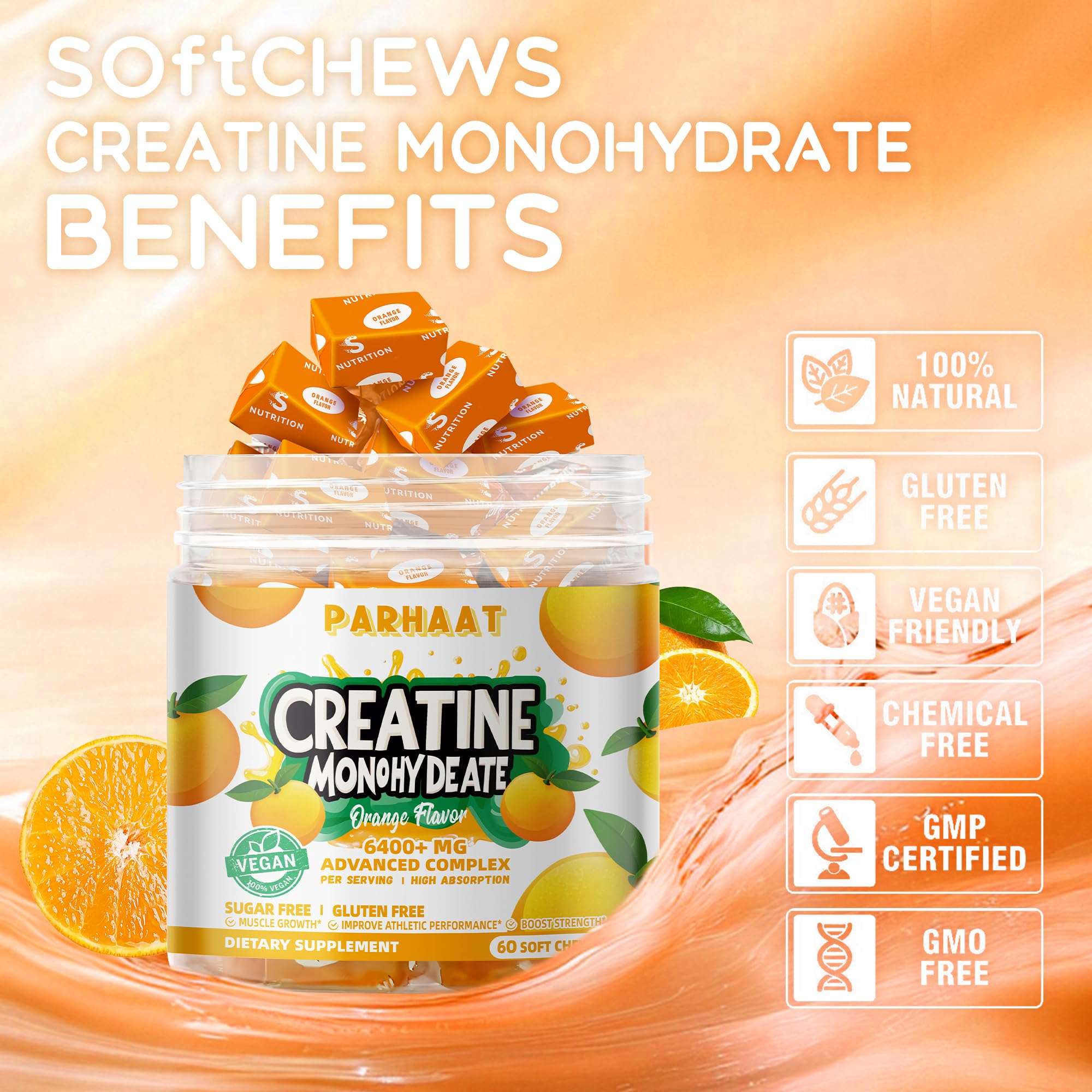 Parhaat Creatine Monohydrate Chews goût orange, énergie potentielle pendant l’entraînement.