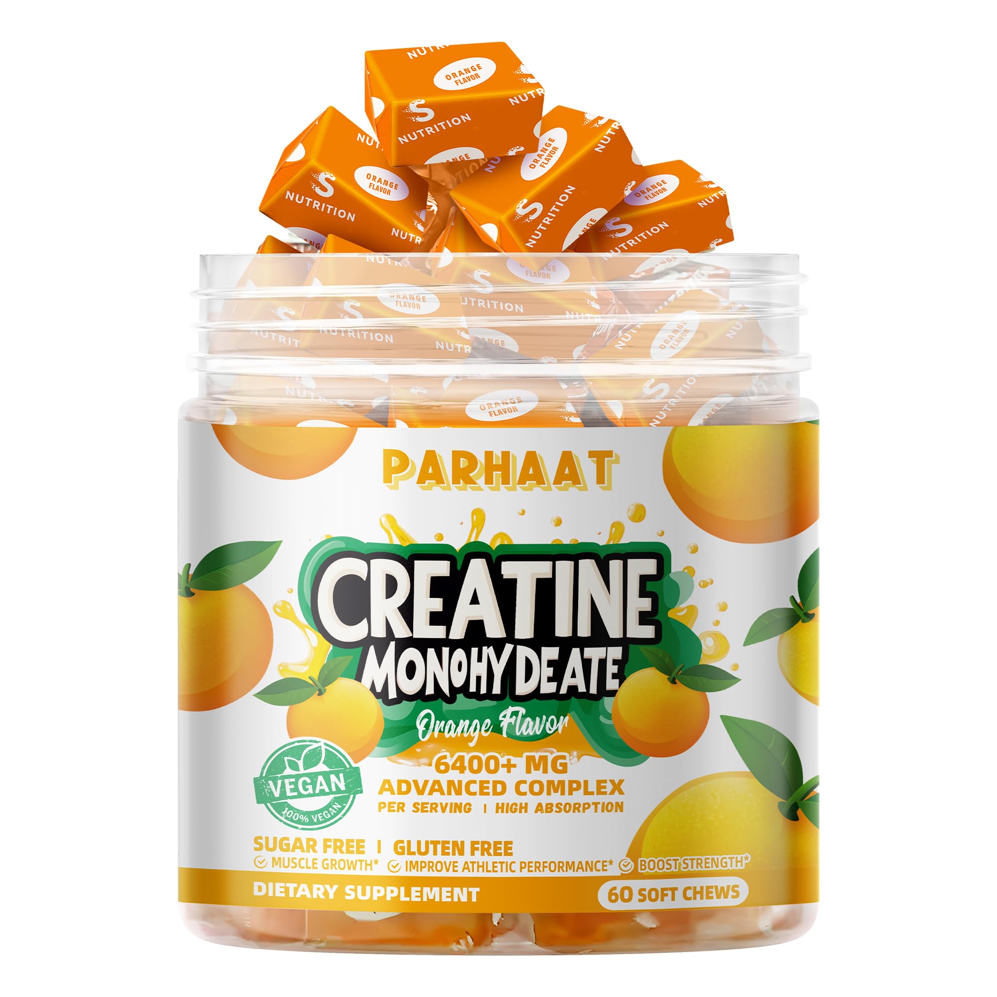 Parhaat Creatine Monohydrate Chews emballage pratique, 60 bouchées vegan et sans sucre.