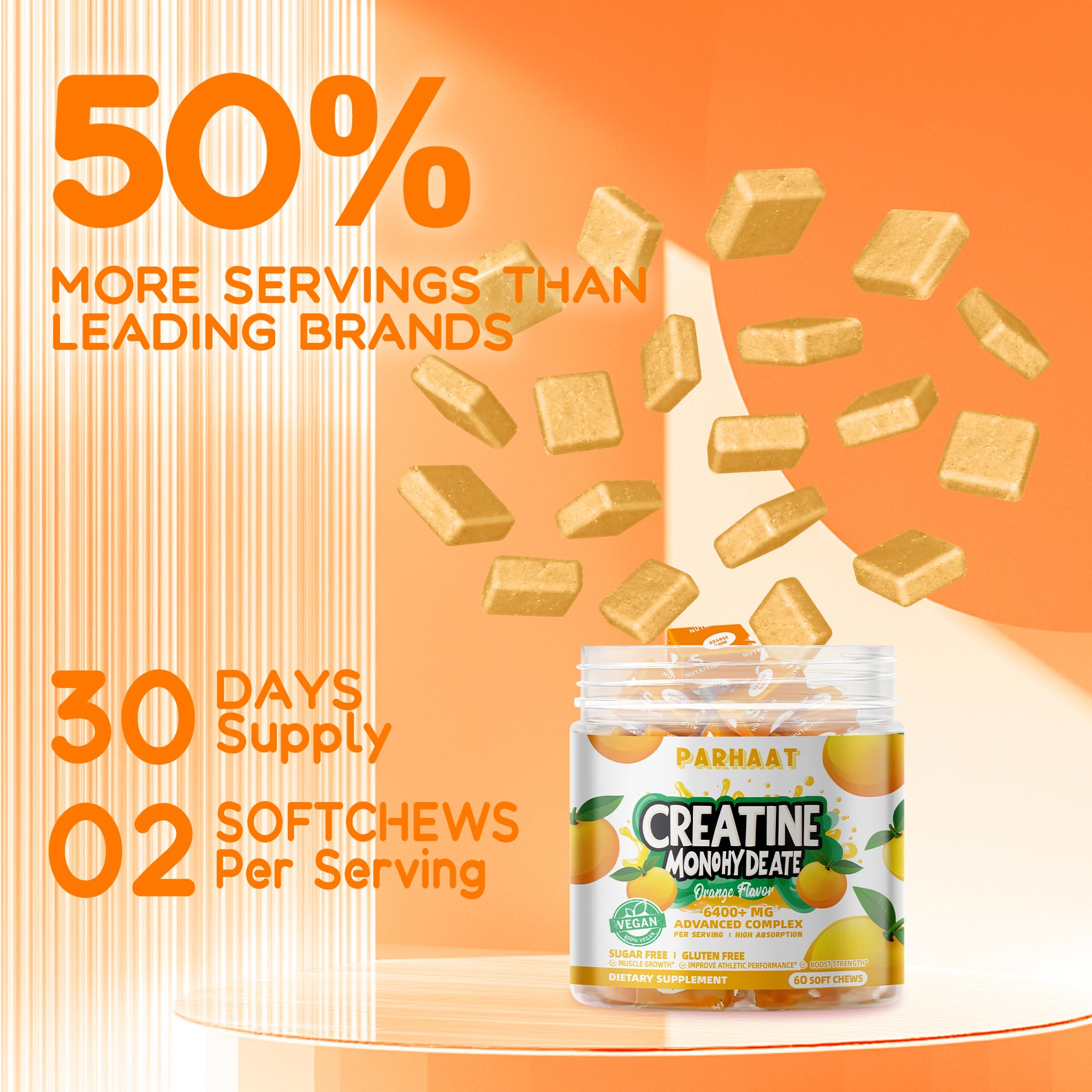 Parhaat Creatine Monohydrate Chews emballage compact, idéal pour le sac.