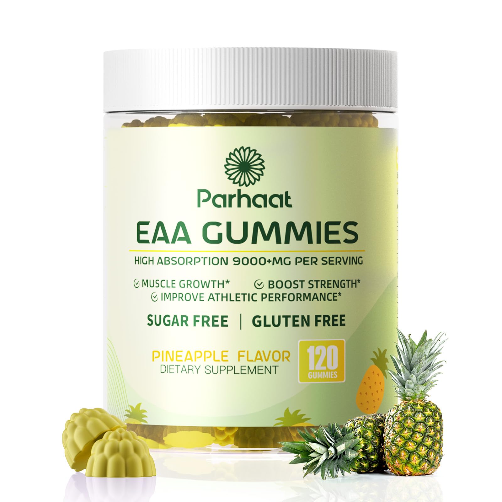 Parhaat EAA Gummies: bouteille ouverte, énergie durable et pratique.