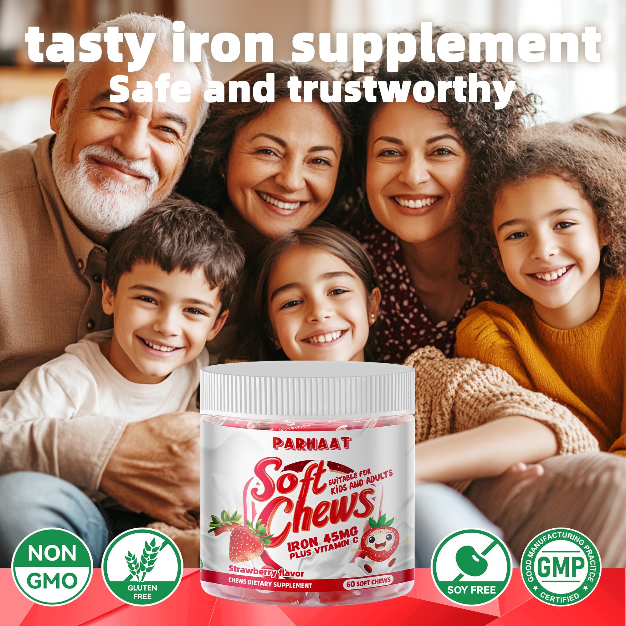 Parhaat Fer Soft Chew Vitamine C – associée pour soutenir l'absorption.